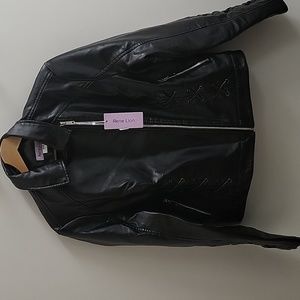 RENE LION BLACK FAUX LEATHER MOTO JACKET SZ 3X VERY SLIM FIT LACE UP DETAIL NEW!